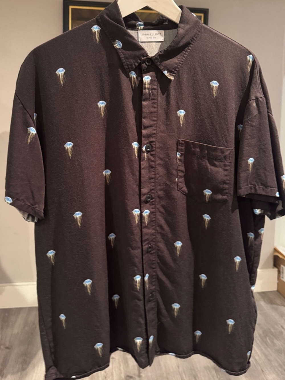 John Elliott Black Short-Sleeve Button-Down with Blue Jellyfish Motif